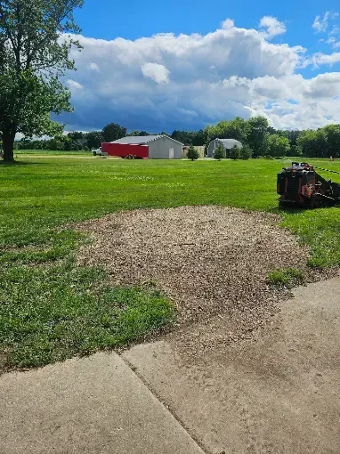 Grassy yard with gravel patch, concrete edge, red barn and trees under a bright blue sky