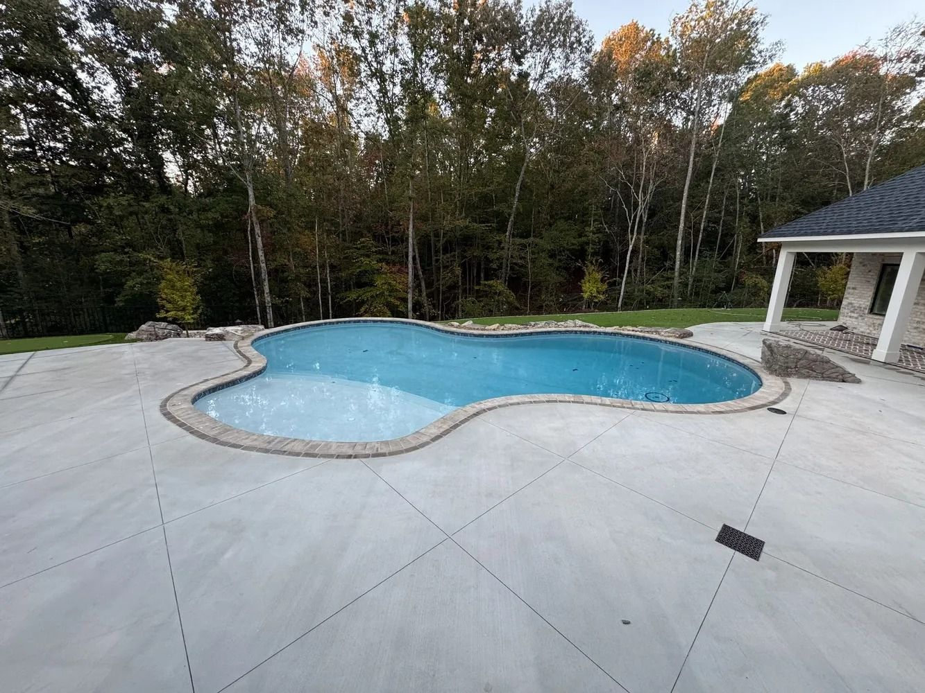 Backyard swimming pool with light blue water, concrete deck, and trees in the background