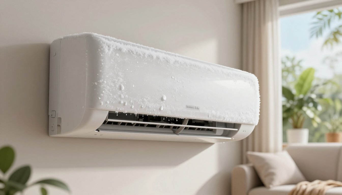 Wall-mounted white air conditioner in a bright living room near a window