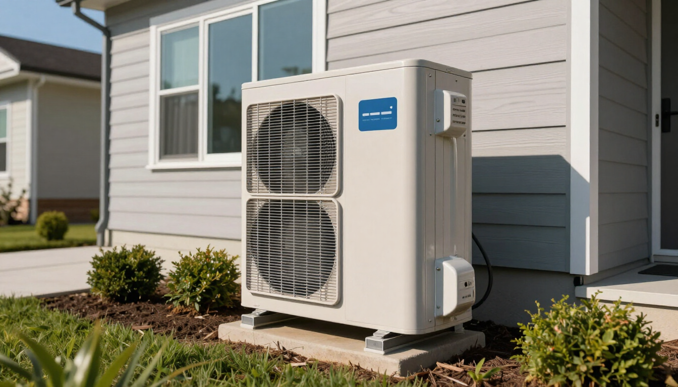 Outdoor heat pump unit beside a house exterior wall with windows and shrubs