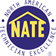 NATE logo with yellow letters on a blue circle, surrounded by “North American Technician Excellence” text