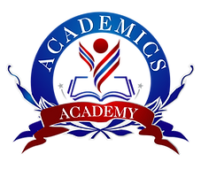A logo for academics academy with a red ribbon around it.