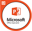 A microsoft powerpoint logo in an orange circle on a white background.