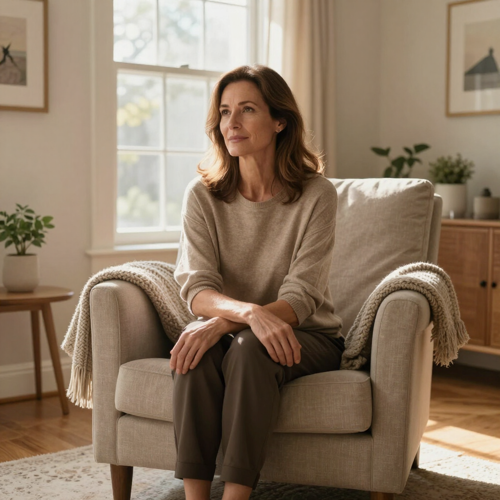 Een vrouw zit in een beige fauteuil in een zonnige woonkamer en kijkt peinzend uit het raam.