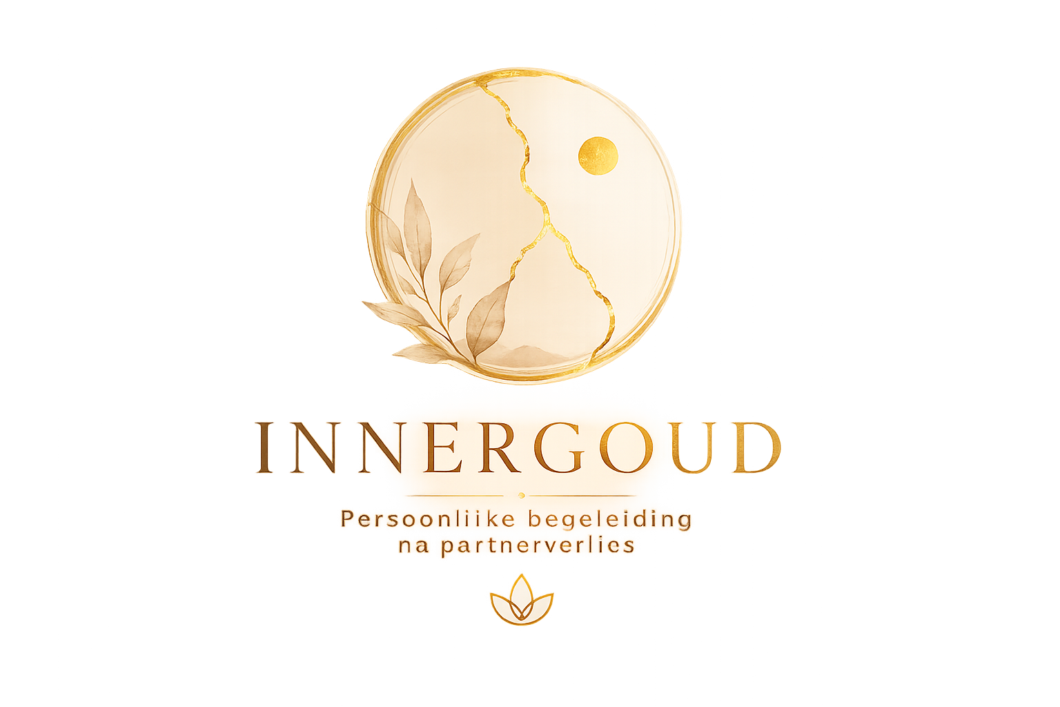 Goudkleurig INNERGOLD-logo met een cirkelvormige bladillustratie en kleine decoratieve tekst eronder.