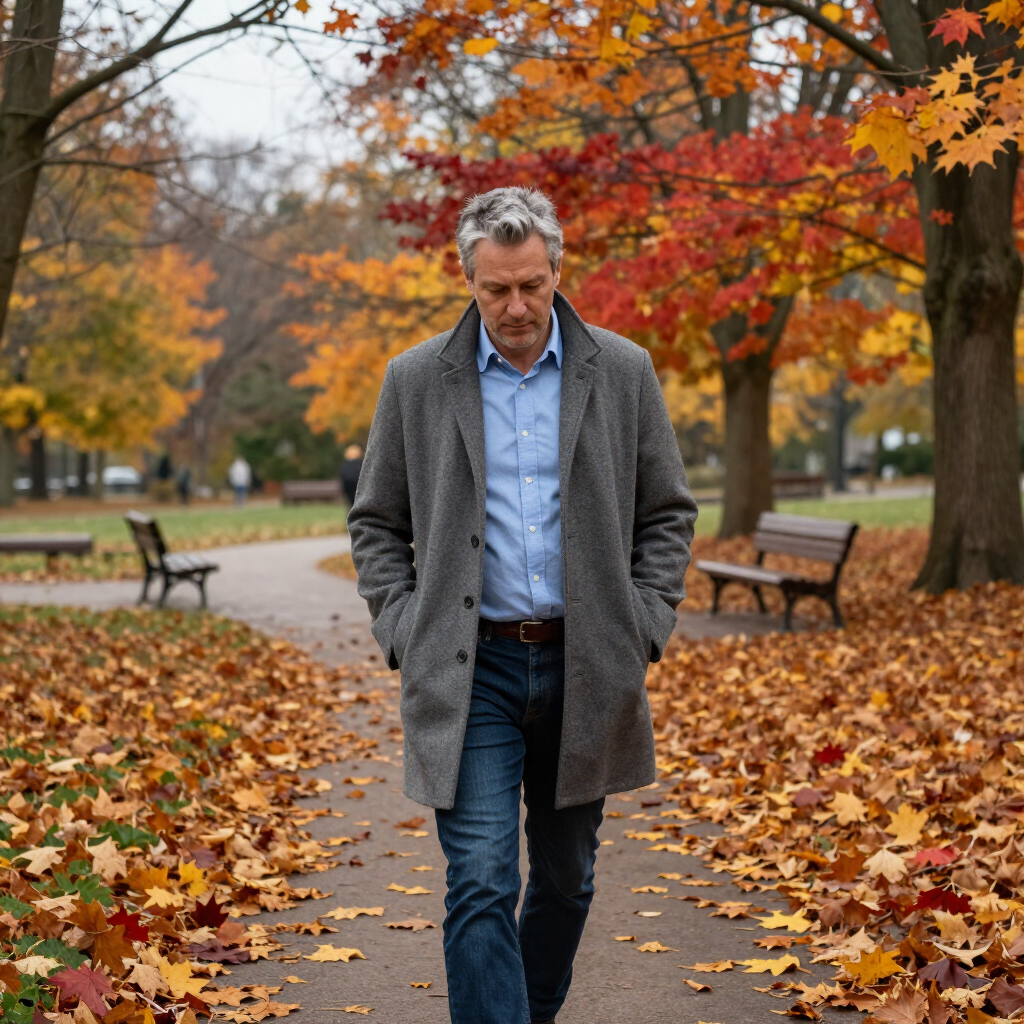Man in grijze jas loopt over een met bladeren bedekt parkpad in de herfst.