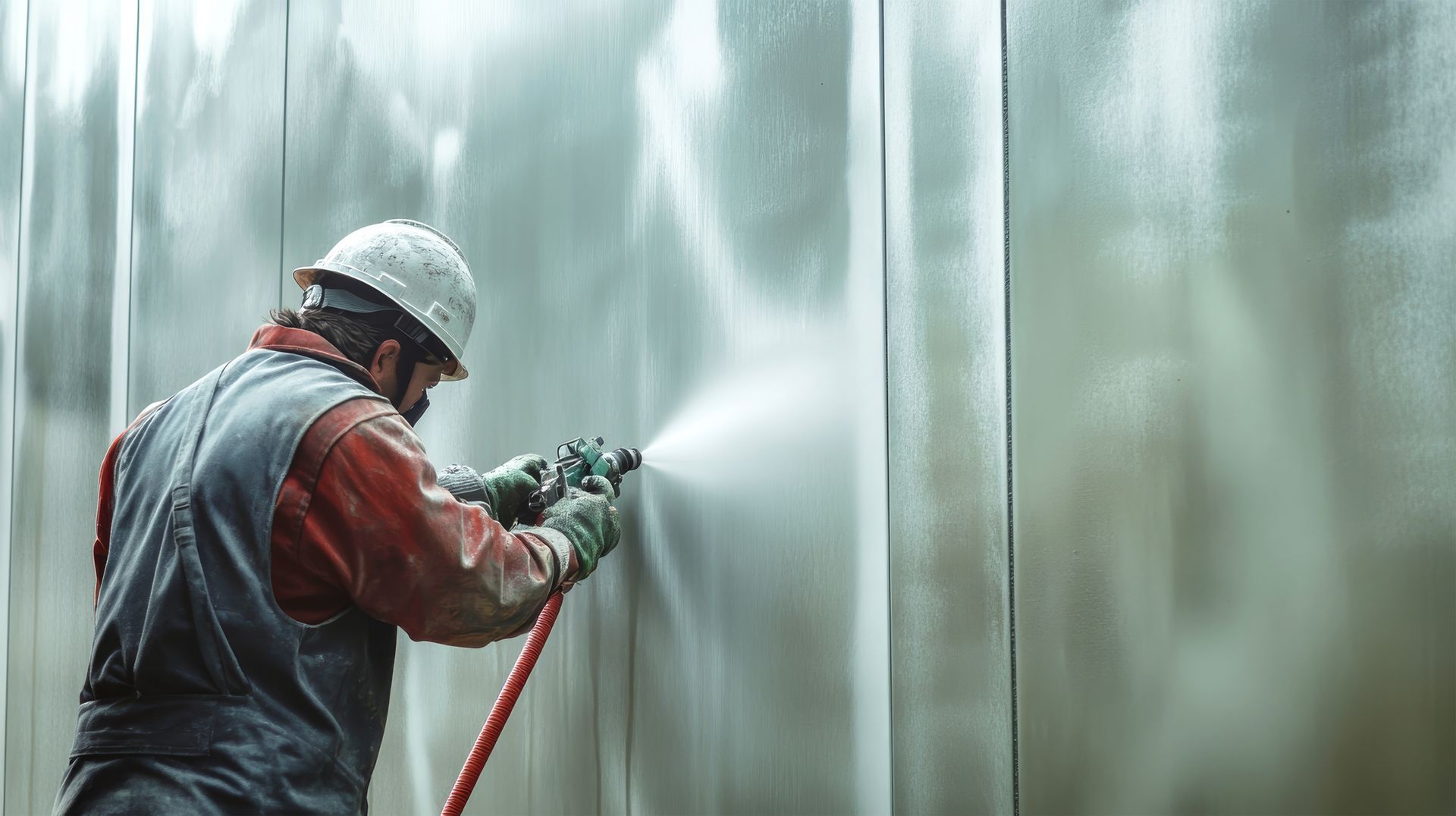 A hardworking individual sandblasts metal panels, smoothing surfaces to enhance the texture of modern concrete walls for residential storage solutions. A hardworking individual sandblasts metal panels, smoothing surfaces to enhance the texture of modern concrete walls for residential storage solutions.