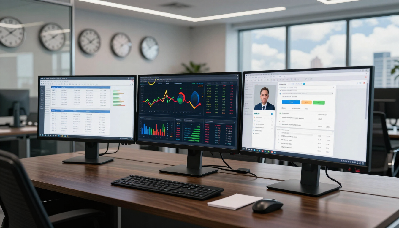 International trading commercial desk with supply chain dashboards