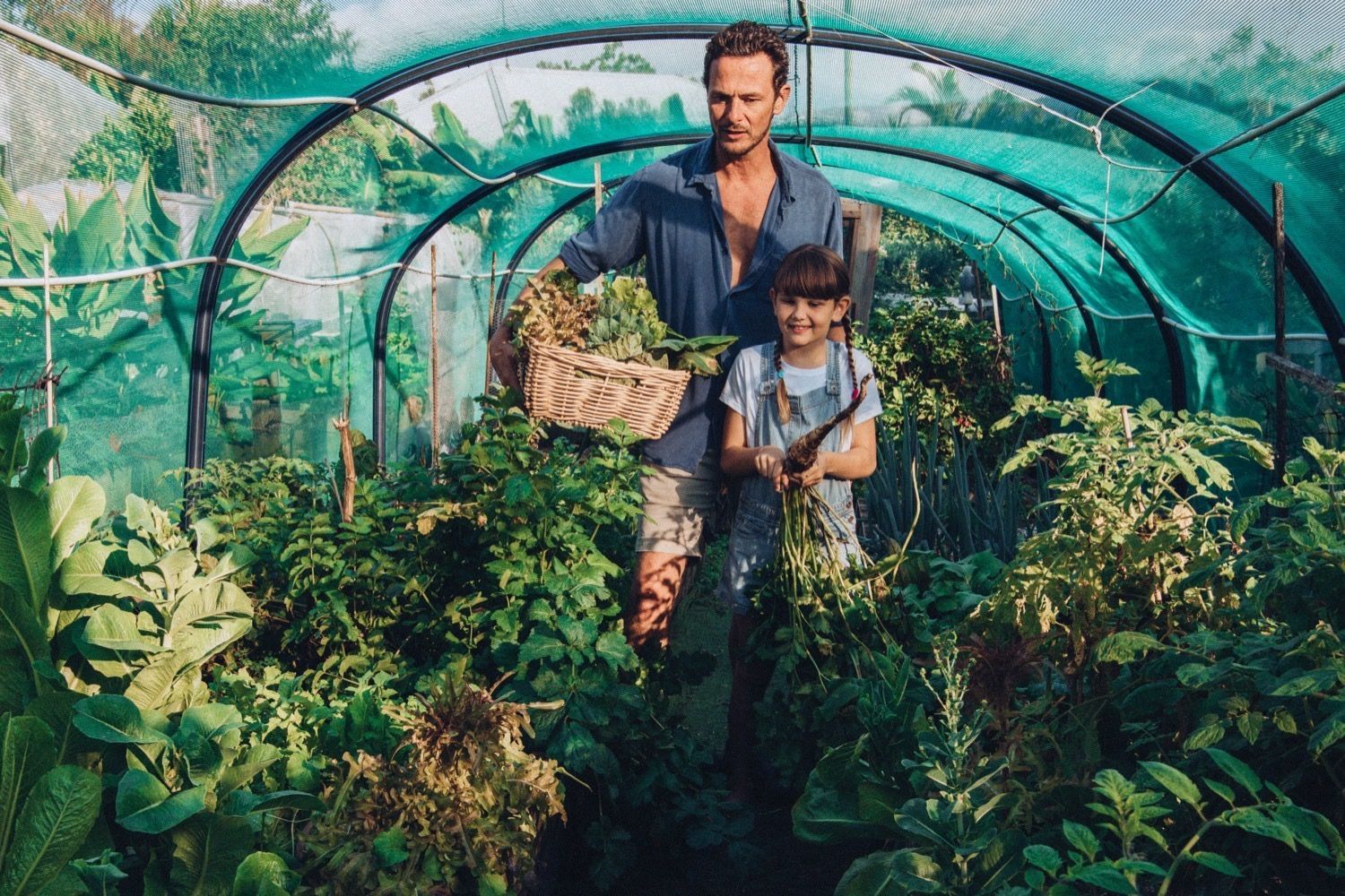 A man and a little girl are standing in a greenhouse.