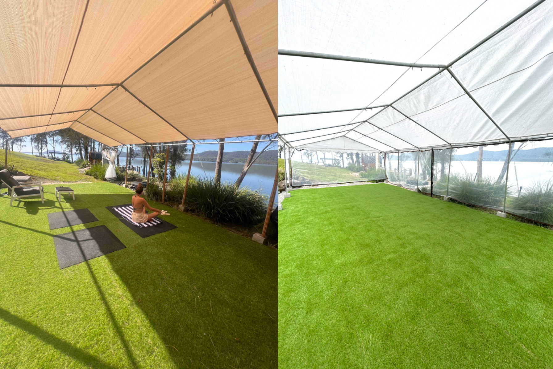 A person is sitting on a yoga mat under an umbrella on a lush green lawn.