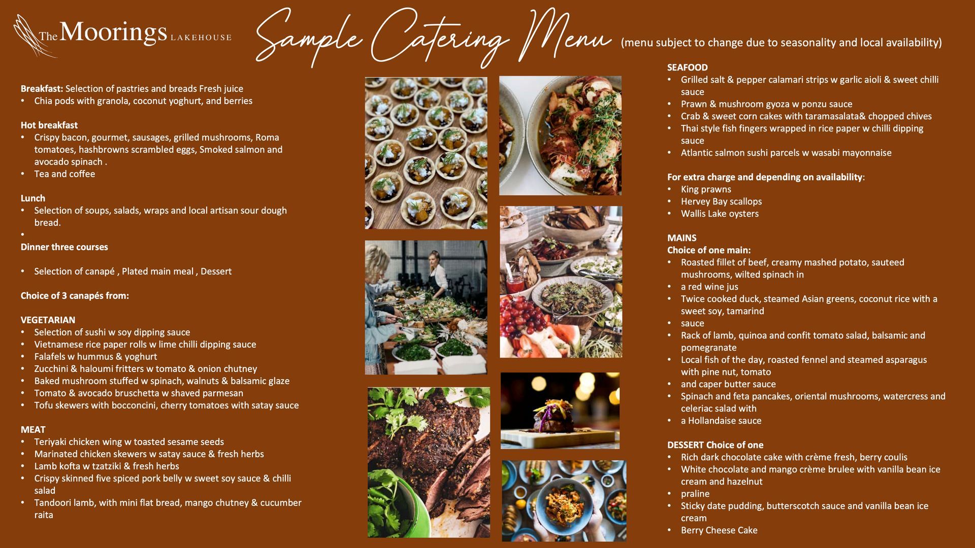 A simple catering menu is shown on a brown background