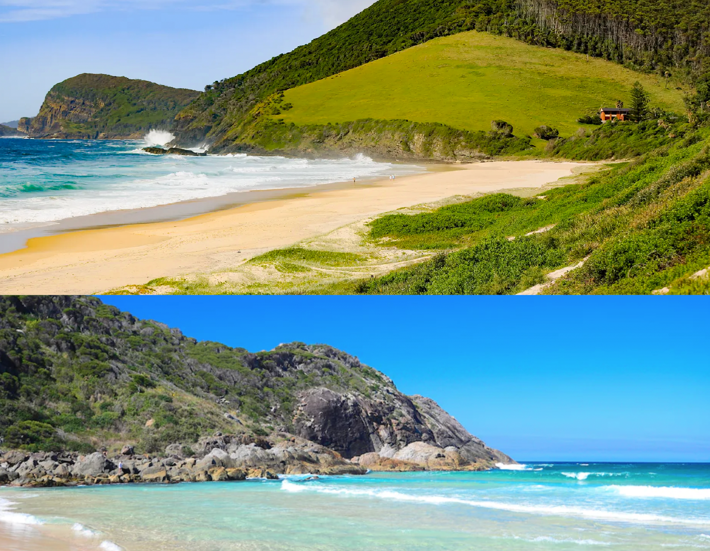 A collage of two pictures of a beach and a hillside