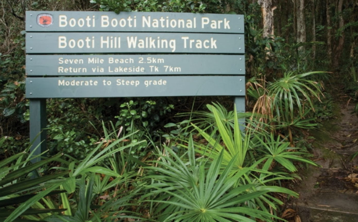 A sign that says booti booti national park booti hill walking track