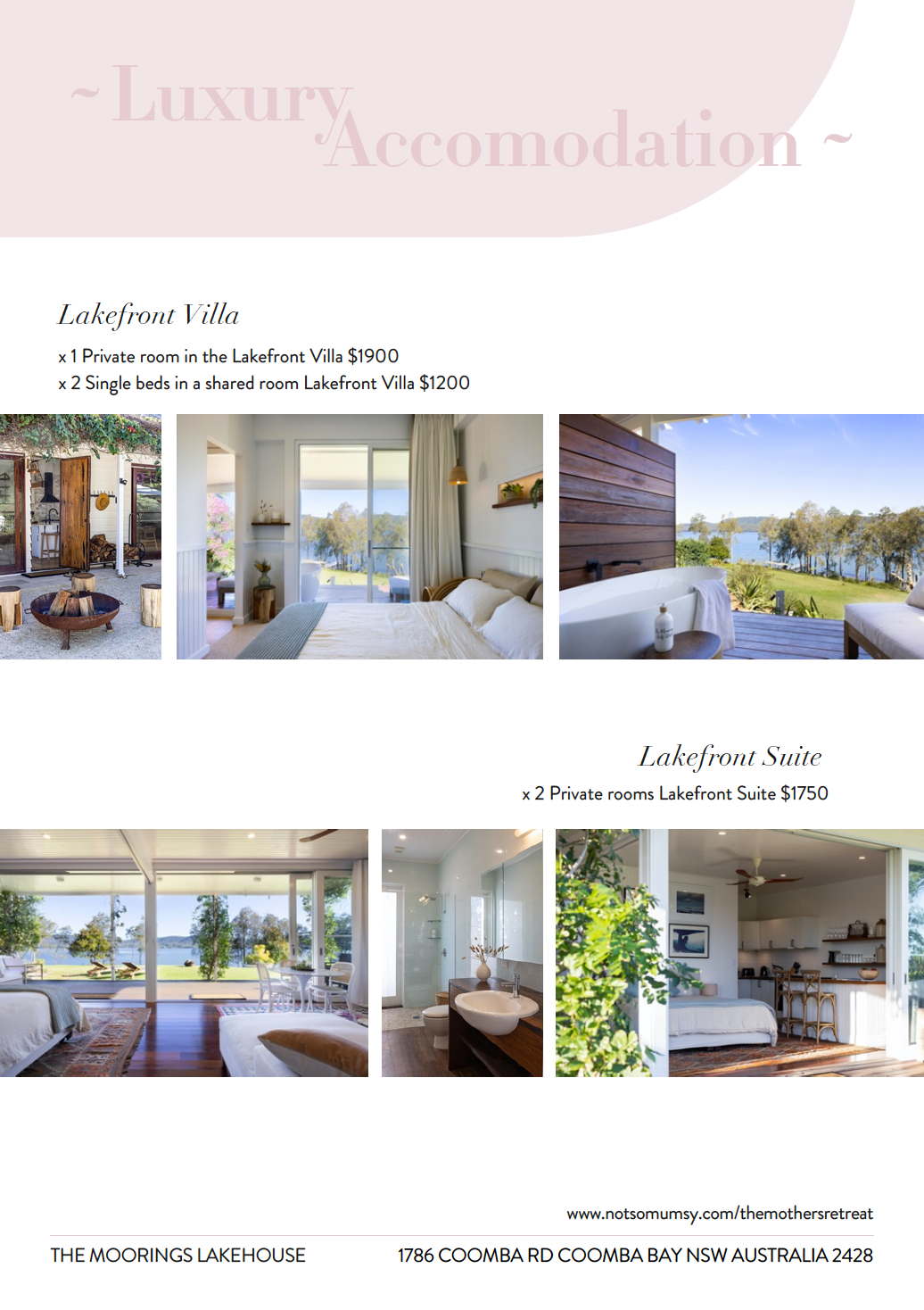 A collage of photos of a luxury accommodation with a view of the ocean.