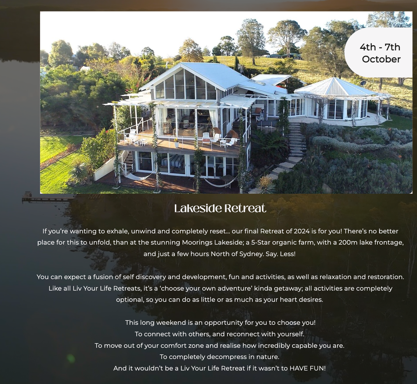 An advertisement for a lakeside retreat on october 4th