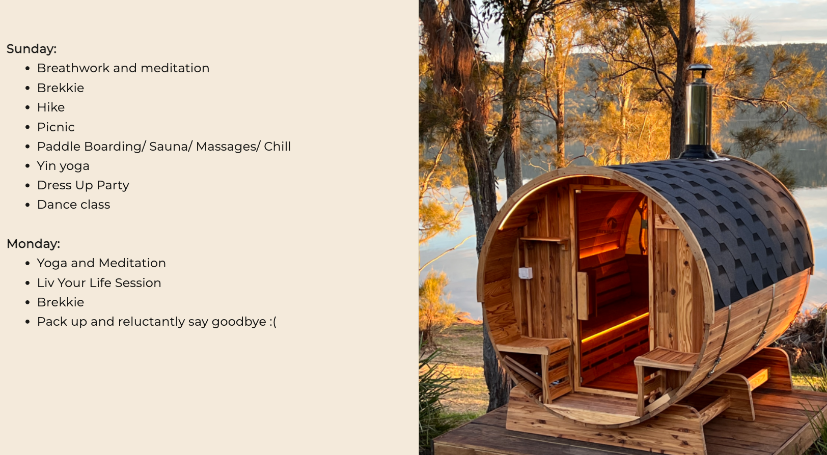 A wooden barrel sauna is sitting on top of a wooden deck next to a lake.