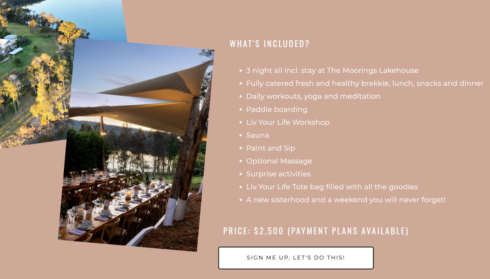 A website advertisement for a wedding venue with a long table and umbrellas.