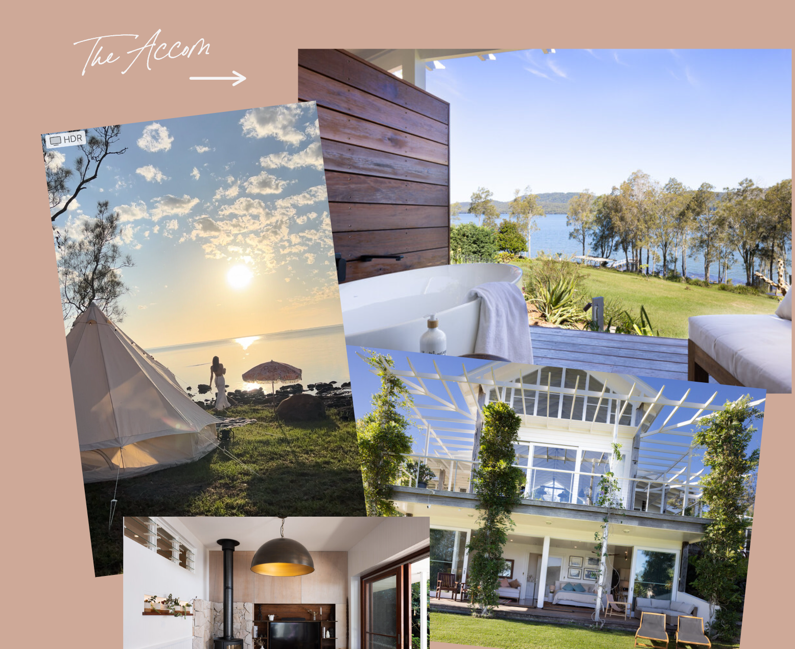 A collage of pictures of a house and a tent