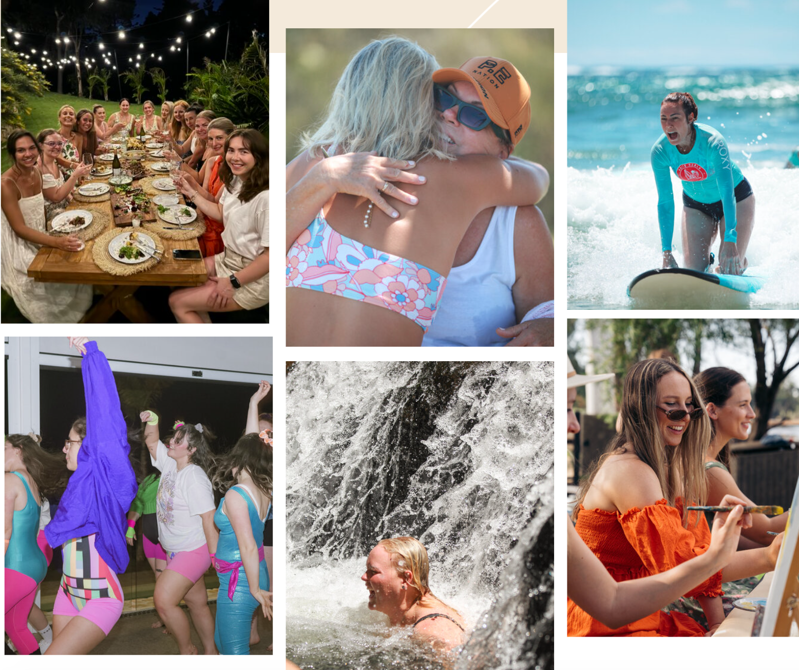 A collage of photos of women having fun on the beach