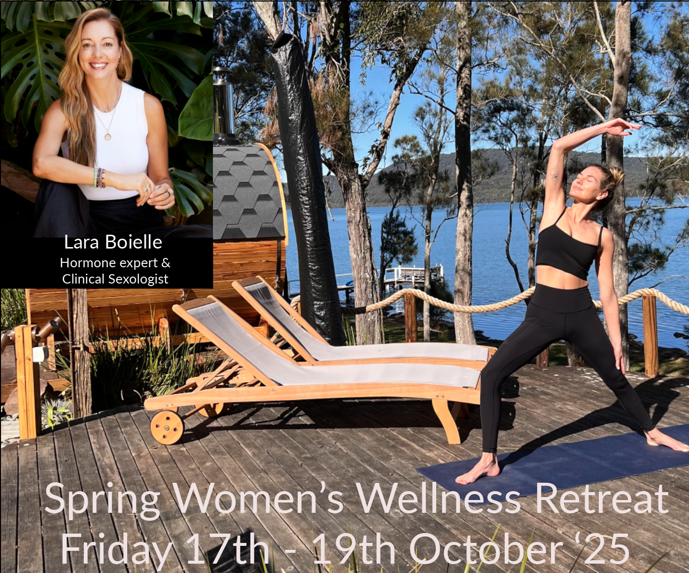A woman is doing yoga on a deck in front of a lake.