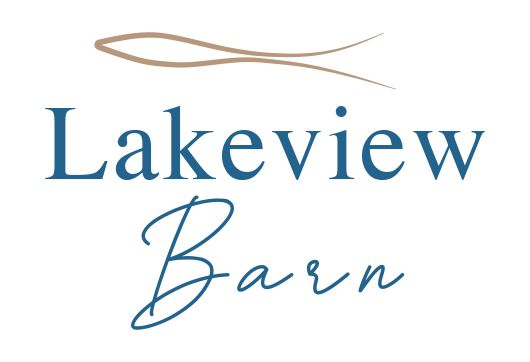 A logo for lakeview barn with a fish on it