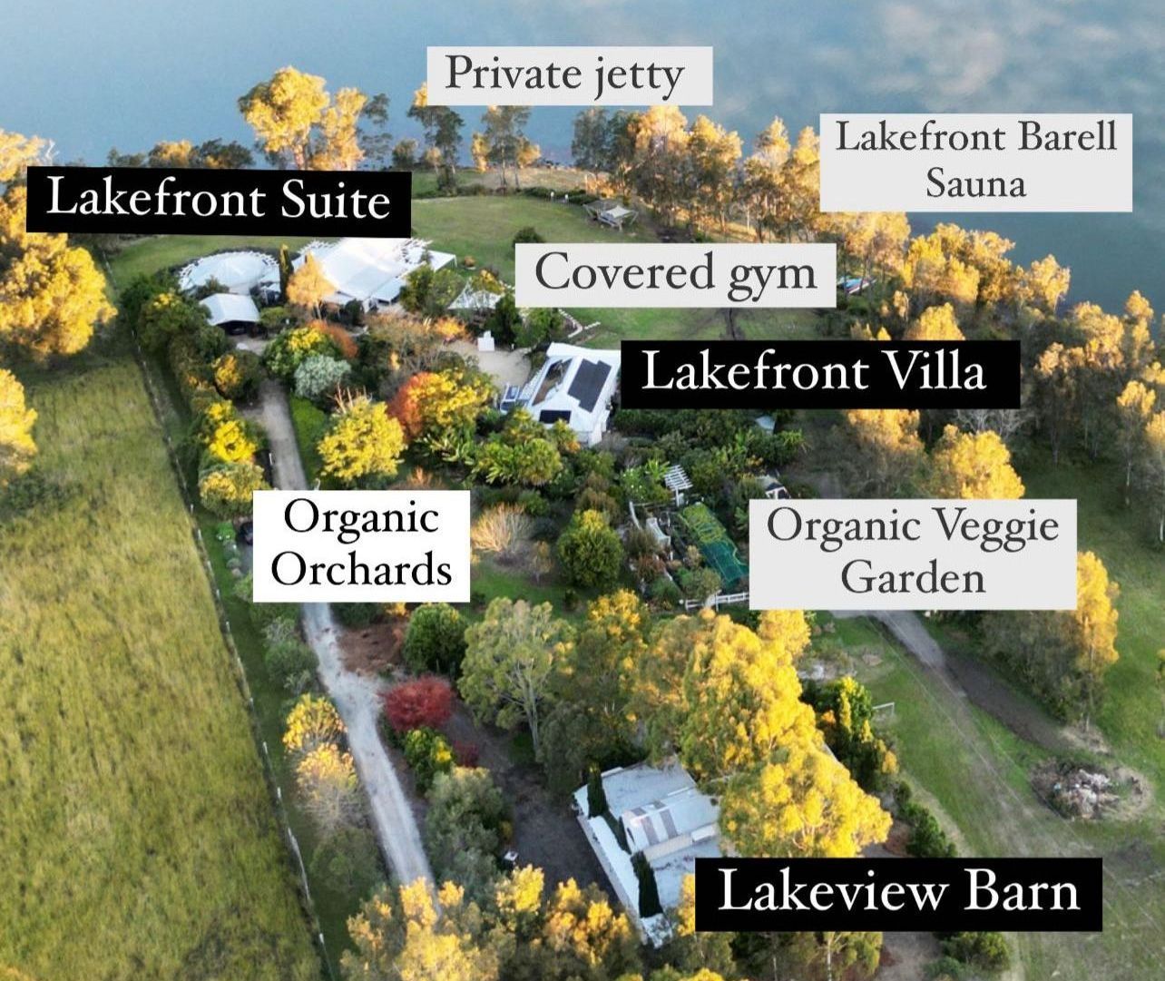 An aerial view of a lakefront suite and covered gym