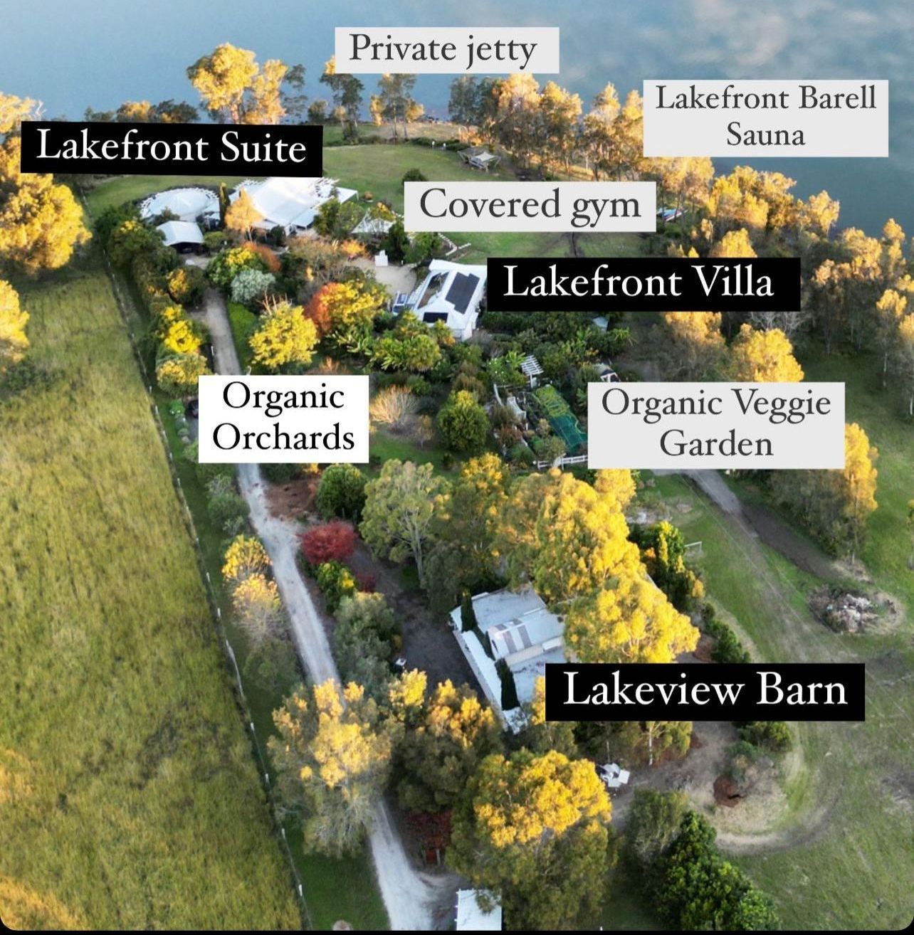 An aerial view of the lakefront suite and lakefront villa