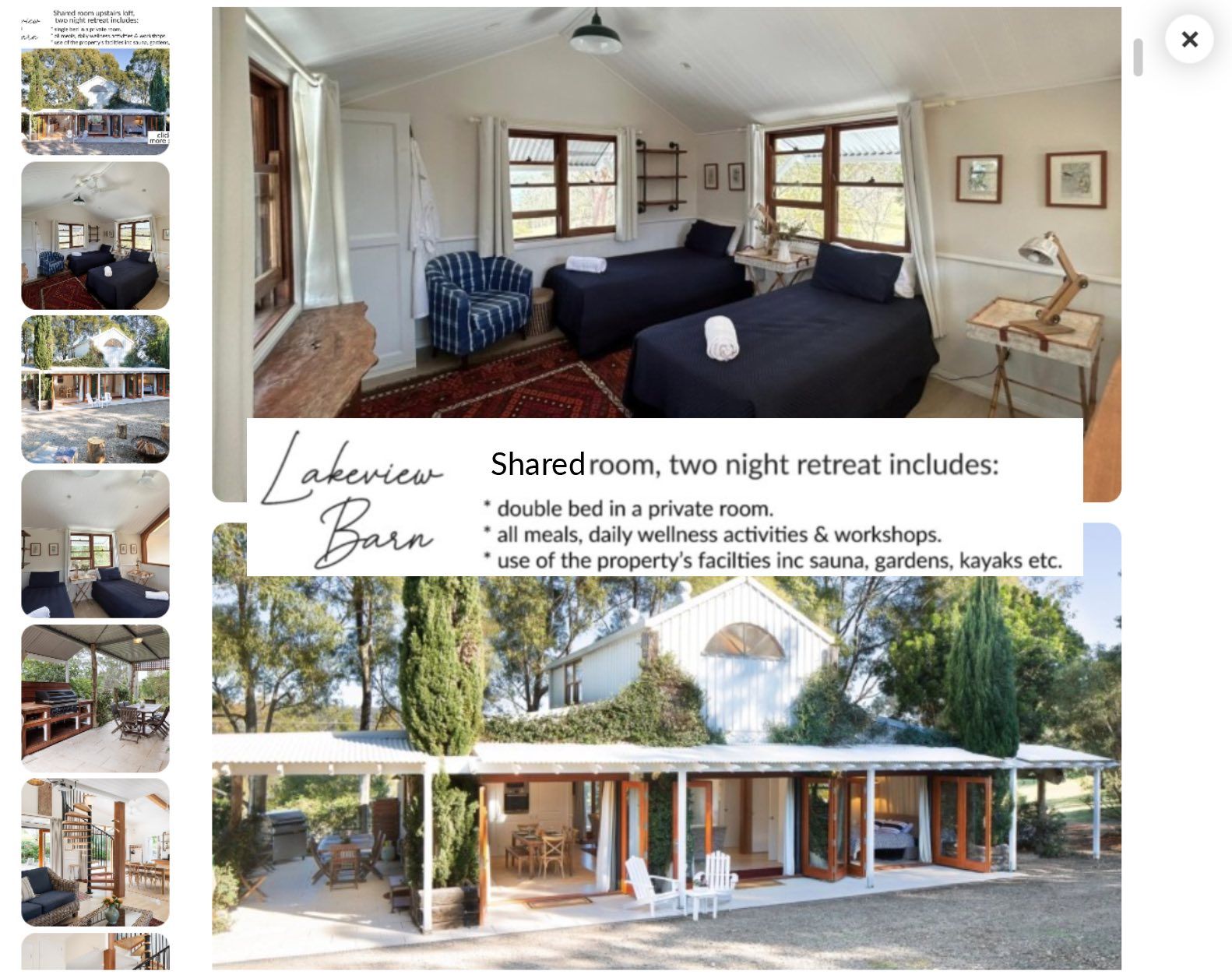 A collage of photos of a shared room with two beds.