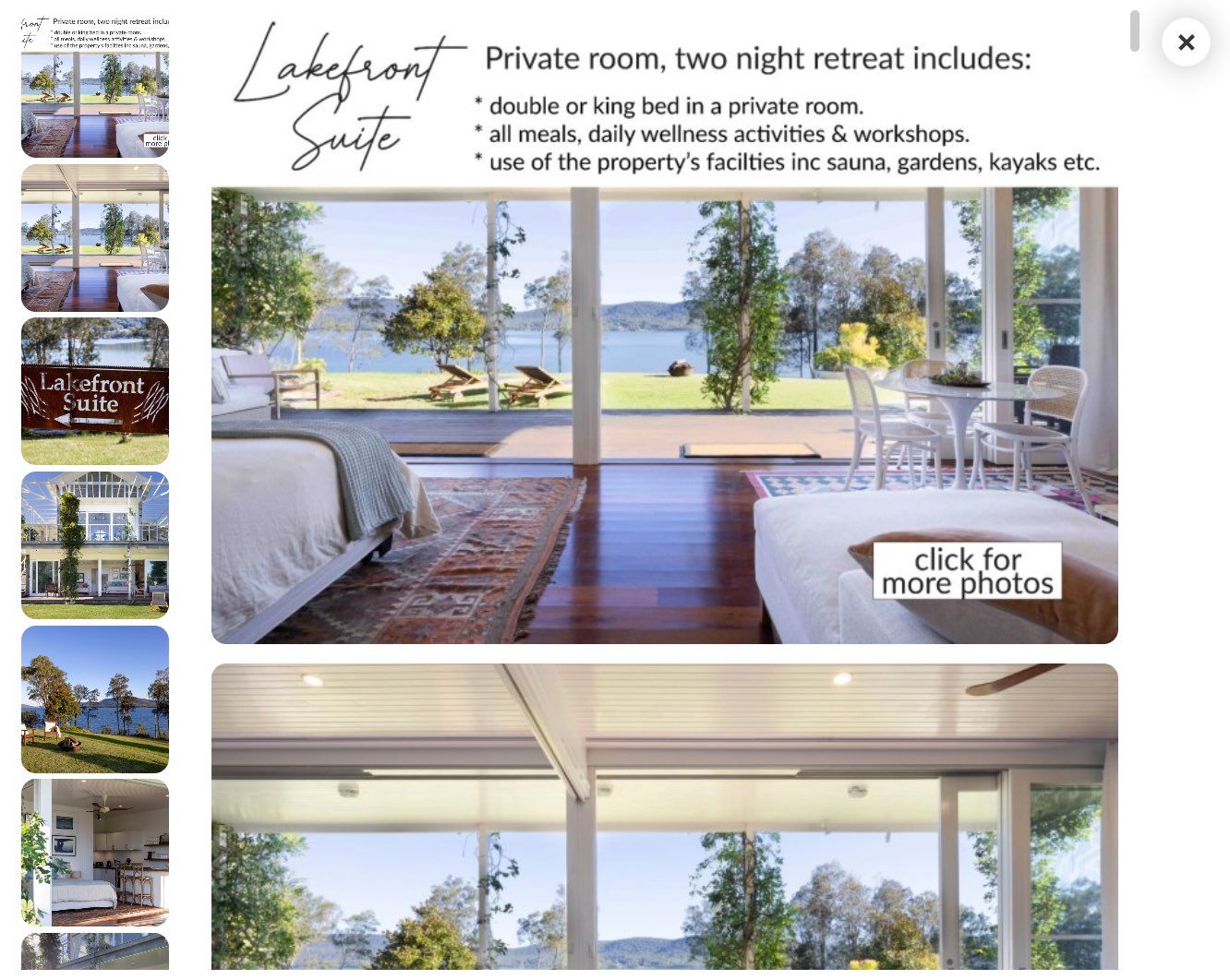 A collage of photos of a private room with a lakefront view.