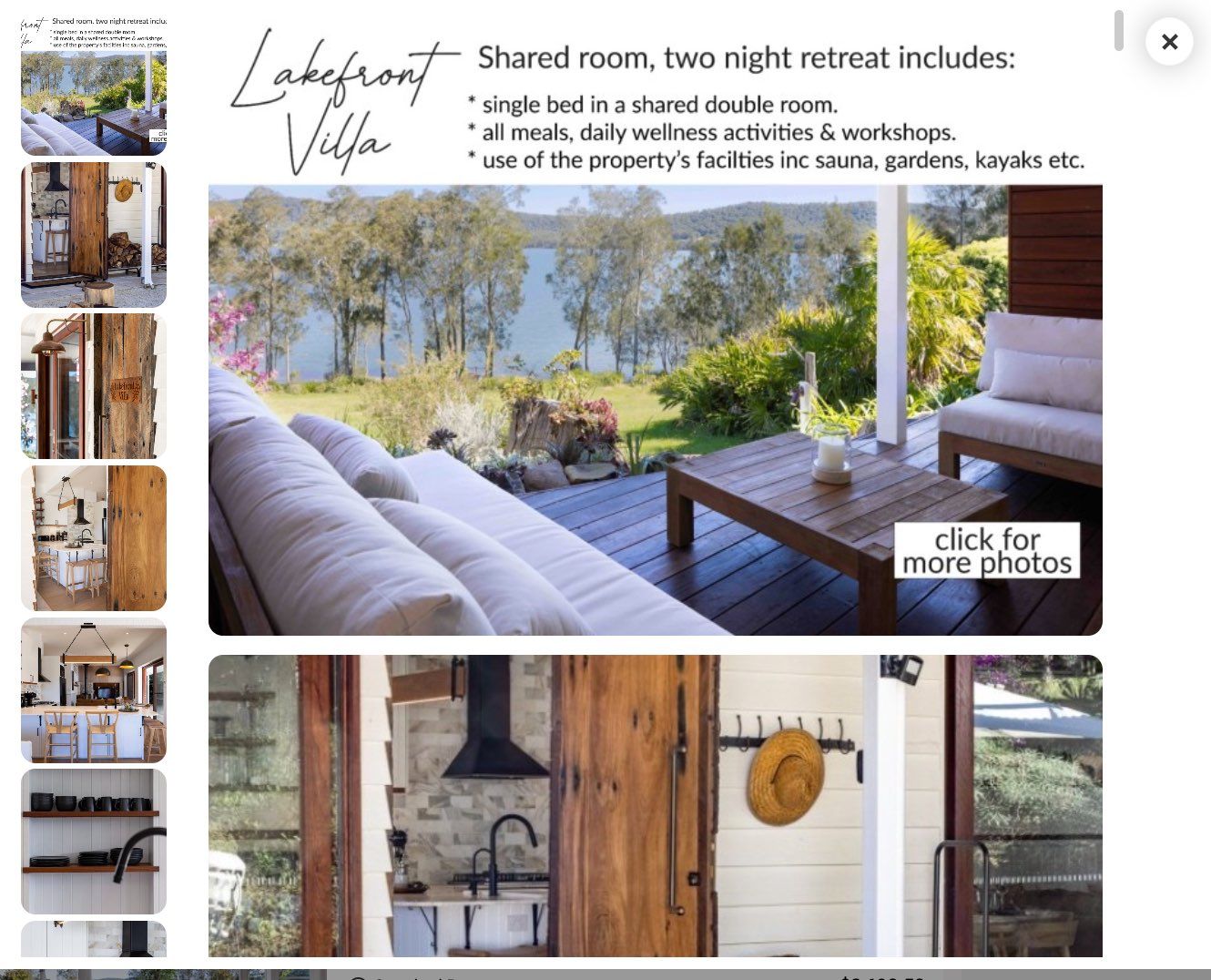 A collage of photos of a shared room at lakefront villa