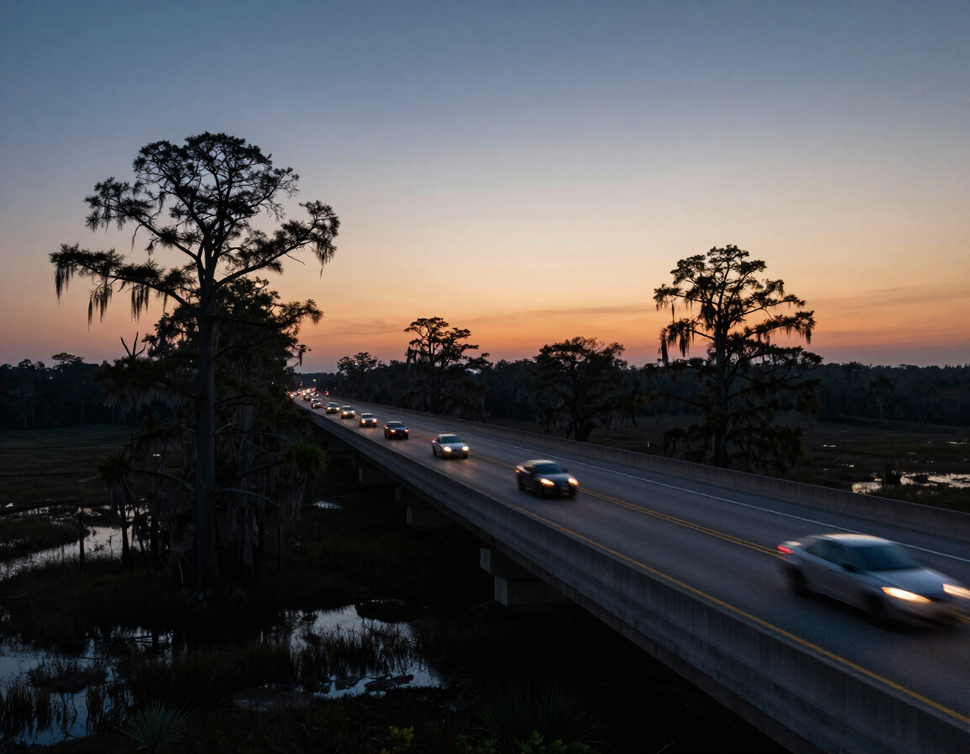 I-10 corridor through Louisiana at dusk