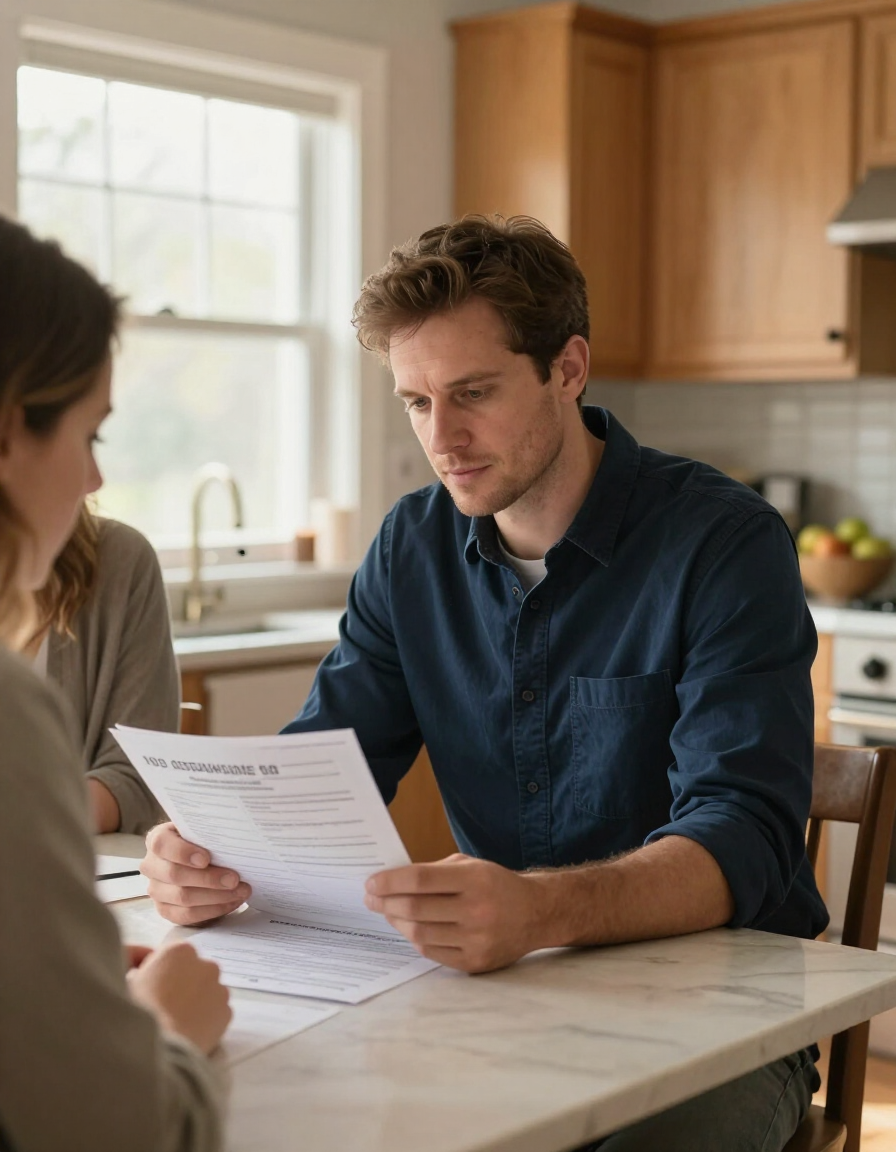 Restoration professional reviewing insurance paperwork with homeowner