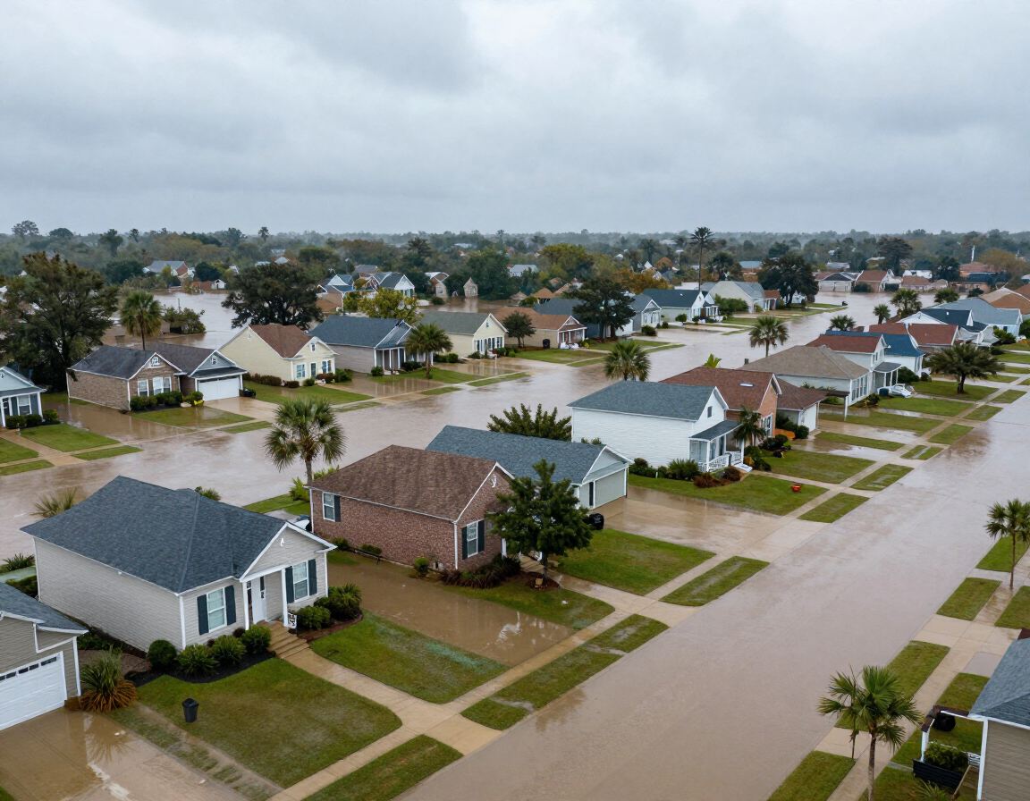 Aerial view of Baton Rouge neighborhoods with standing water after a heavy rain event