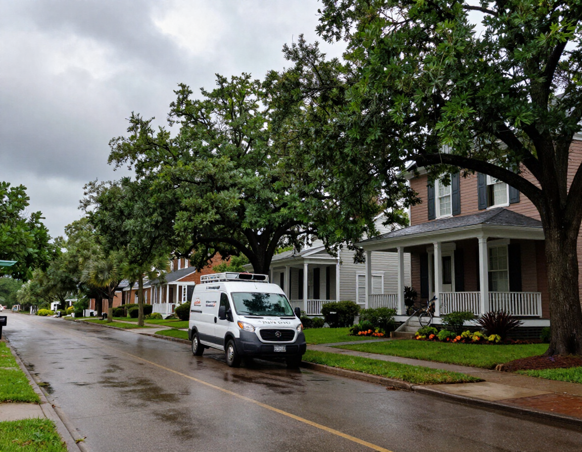 Tree-lined residential street in Central, LA with restoration van near a home after a storm