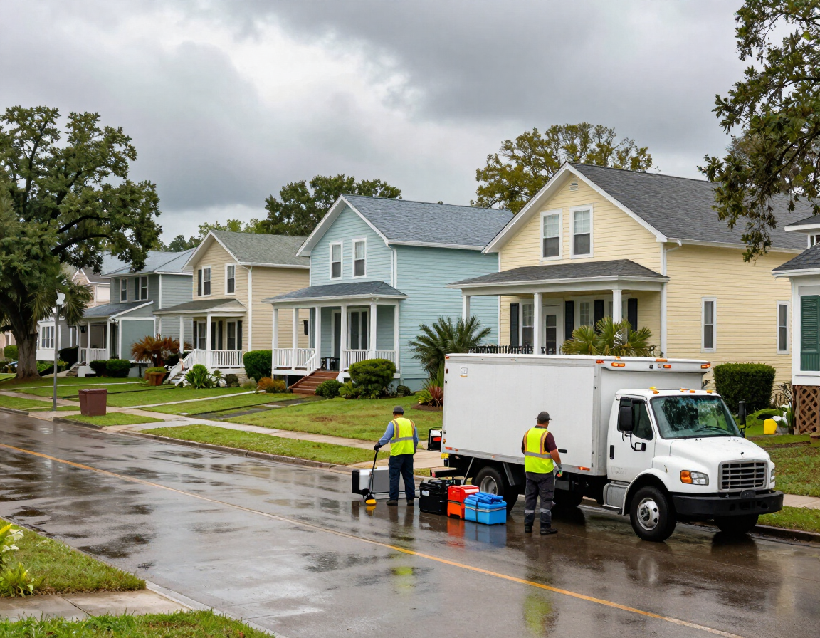Baker, LA neighborhood with restoration crew unloading equipment after a rain event