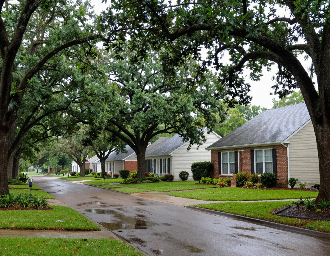 Established Zachary, LA residential neighborhood with mature oak trees and wet yard after a storm