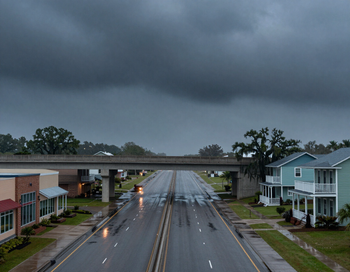 I-10 corridor near Gonzales, LA under a stormy sky with wet road surface