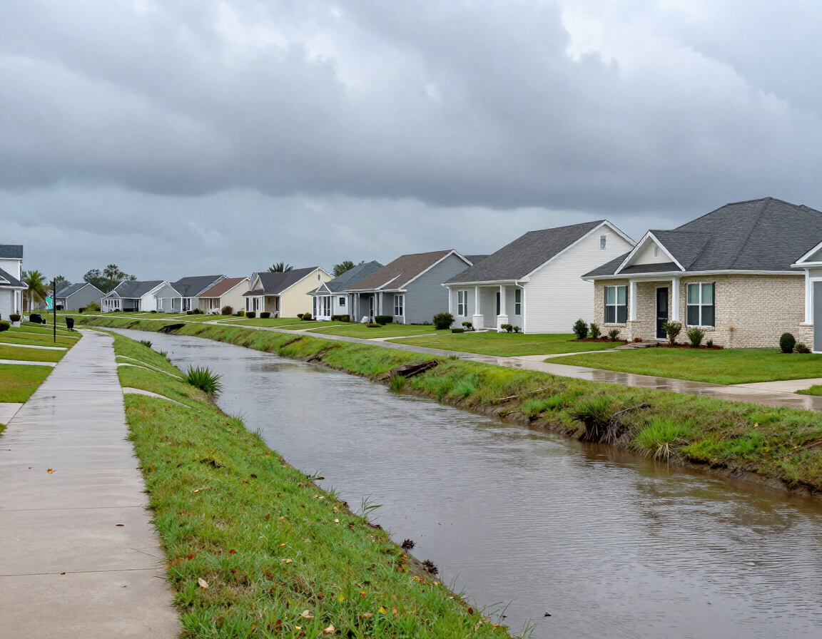 Suburban Prairieville residential street with standing water in drainage ditch after heavy rain