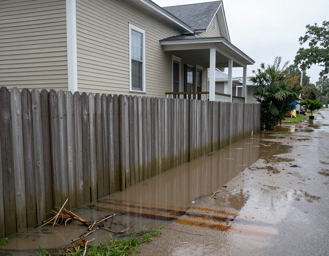 Denham Springs, LA residential street showing high-water marks and receding floodwater