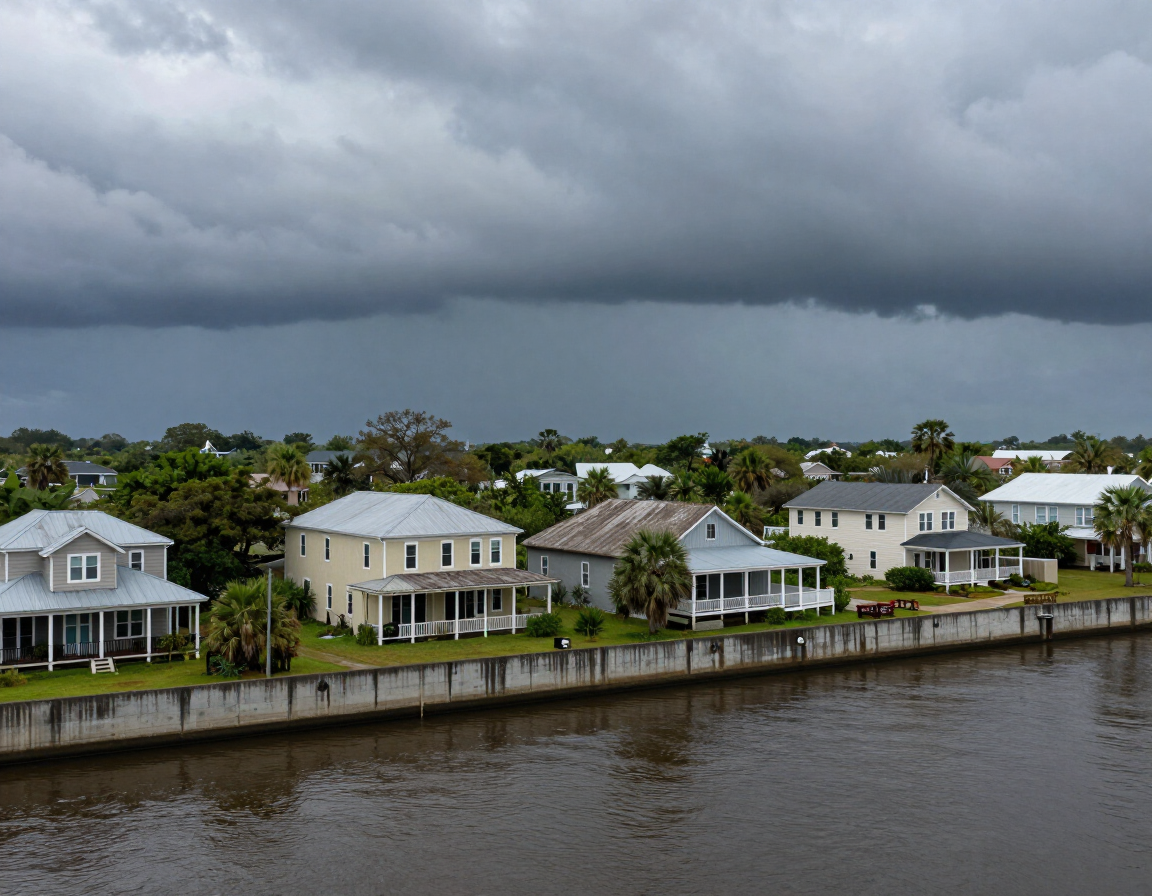 Port Allen, LA waterfront on the west bank of the Mississippi River with stormy sky