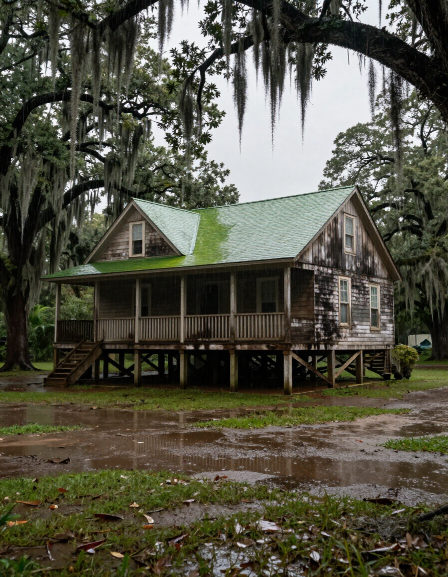 South Louisiana home after heavy rain with standing water and humidity staining