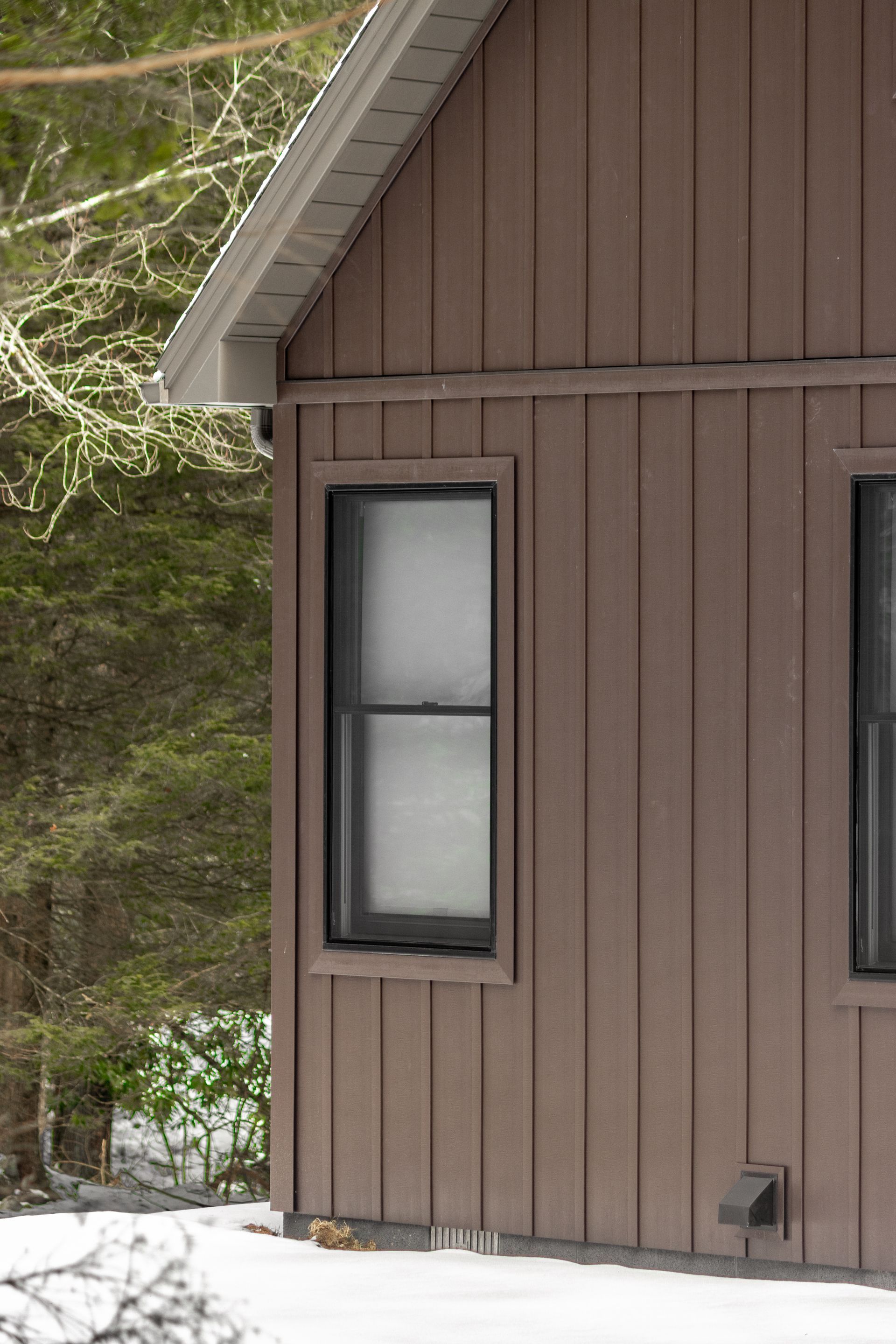 Brown cabin exterior with vertical siding, two windows, and snowy ground beside trees
