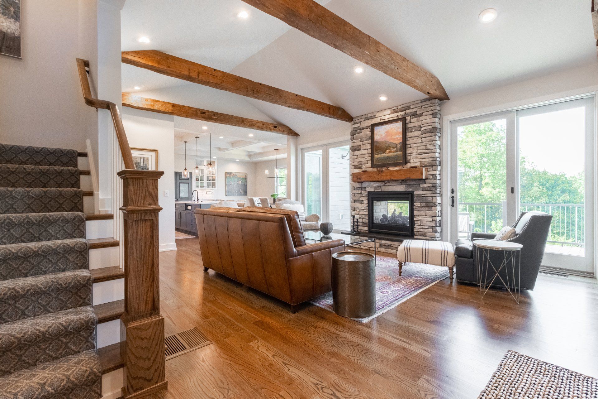 custom living room with hand hewn beams State College, PA