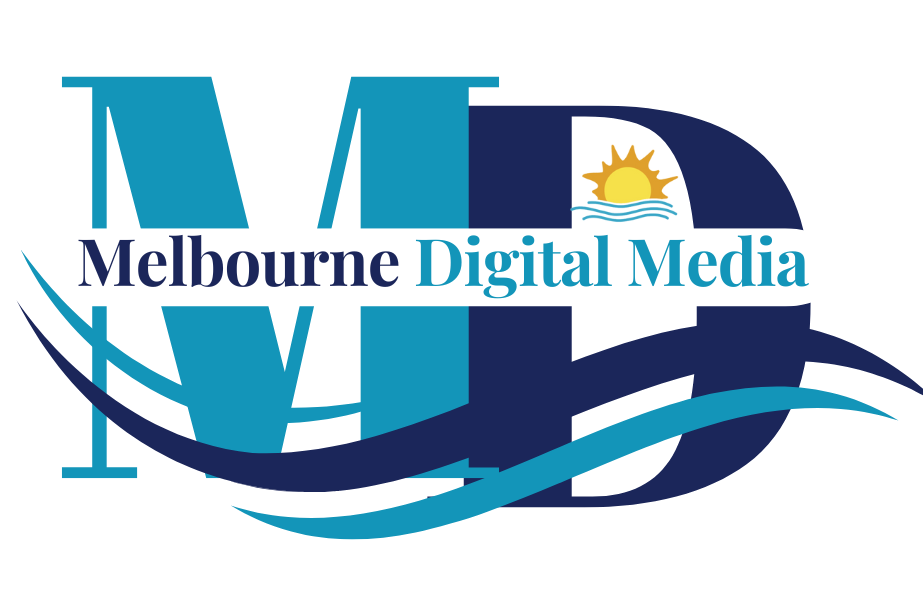 A blue and white logo for melbourne digital media