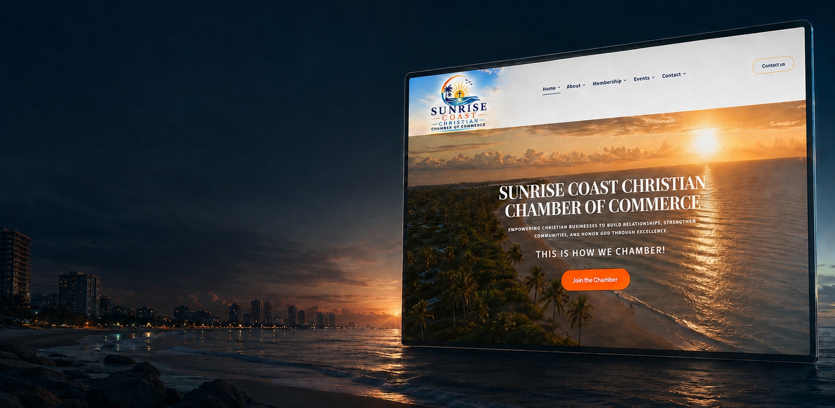 Website homepage mockup on a laptop, showing a sunset over the ocean with headline text and an orange button
