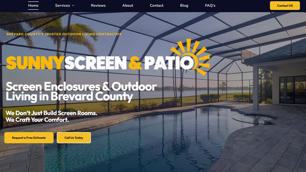 SUNNY SCREEN & PATIO website hero for screened enclosures and outdoor living in Brevard County over pool photo