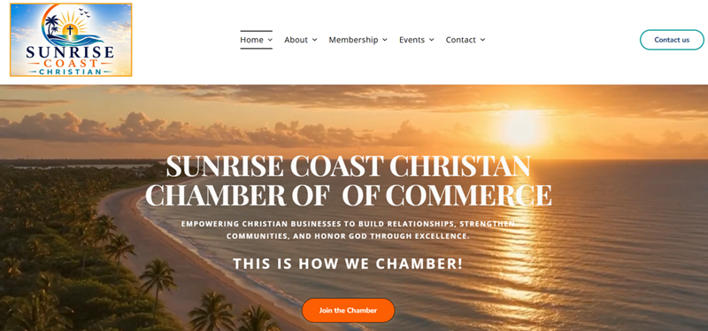 Sunrise Coast Christians Chamber of Commerce homepage with sunset ocean hero banner and Join Now button