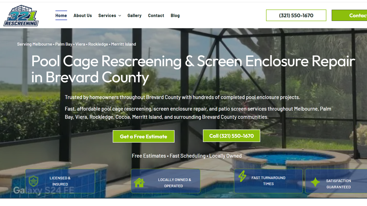 Pool enclosure repair website homepage with backyard screen enclosure and pool photo