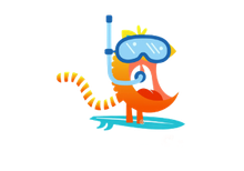 Orange cartoon zebra wearing blue snorkel mask and standing on a surfboard-like float