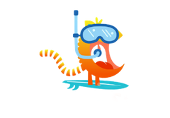 Orange cartoon zebra wearing blue snorkel mask and standing on a surfboard-like float